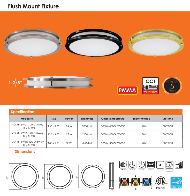 Votatec 12″ 2Ring Slim Flush Mount – 3Way CCT Brushed Brass