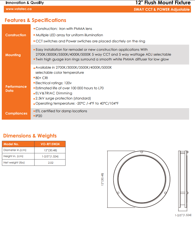 Votatec 12″ 2Ring Slim Flush Mount – 5Way CCT & Power Adjustable Silver/Black