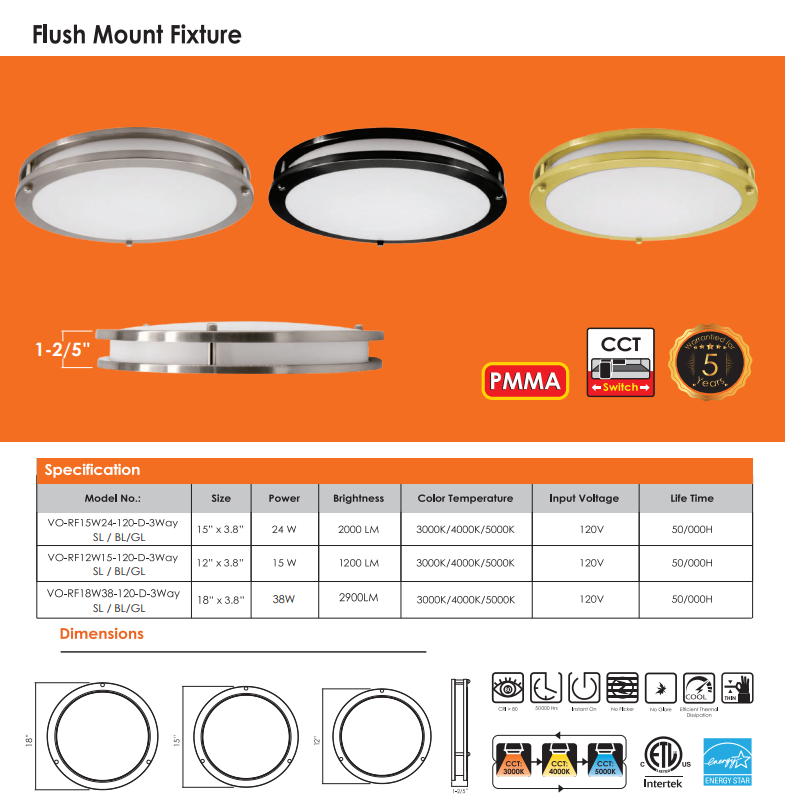 Votatec 15″ 2Ring Slim Flush Mount – 3Way CCT Brushed Brass