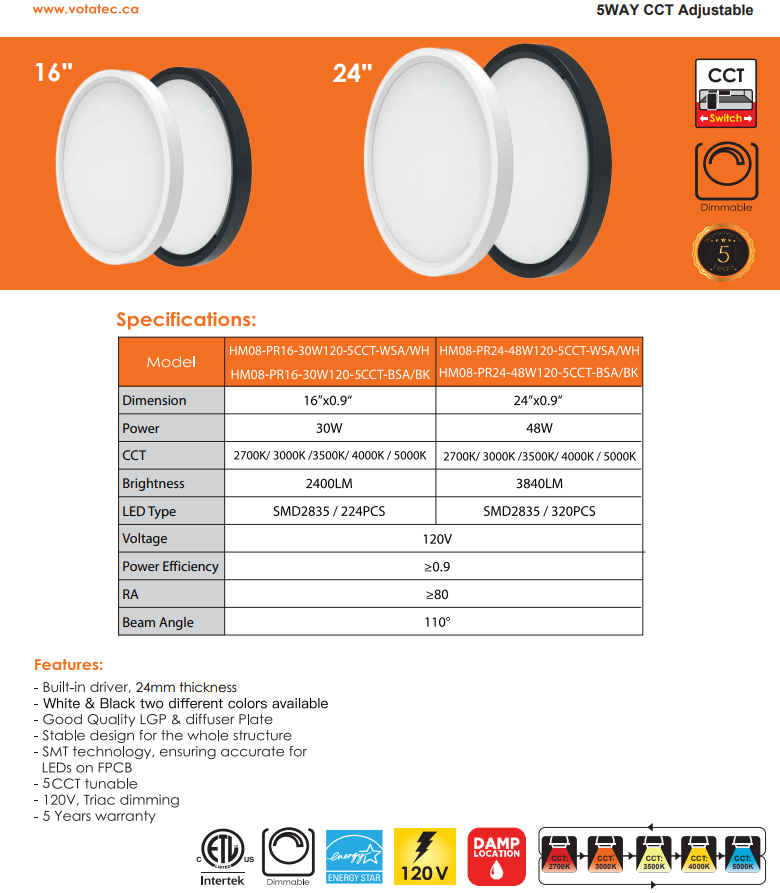Votatec 24″ Slim Flush Mount 5Way CCT, White & Black