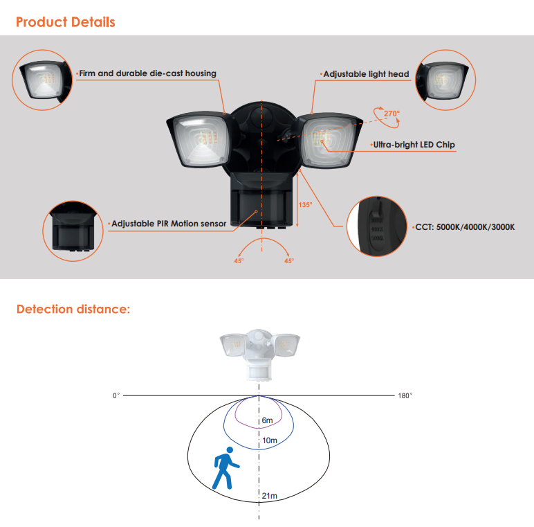 Votatec Motion Security Light -3CCT Adjustable Aluminum White/Black