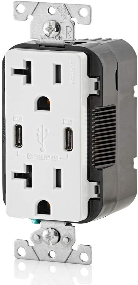 30W (6A) USB Dual Type-C/C Power Delivery Wall Outlet Charger with 20A Tamper-Resistant Outlet, White
