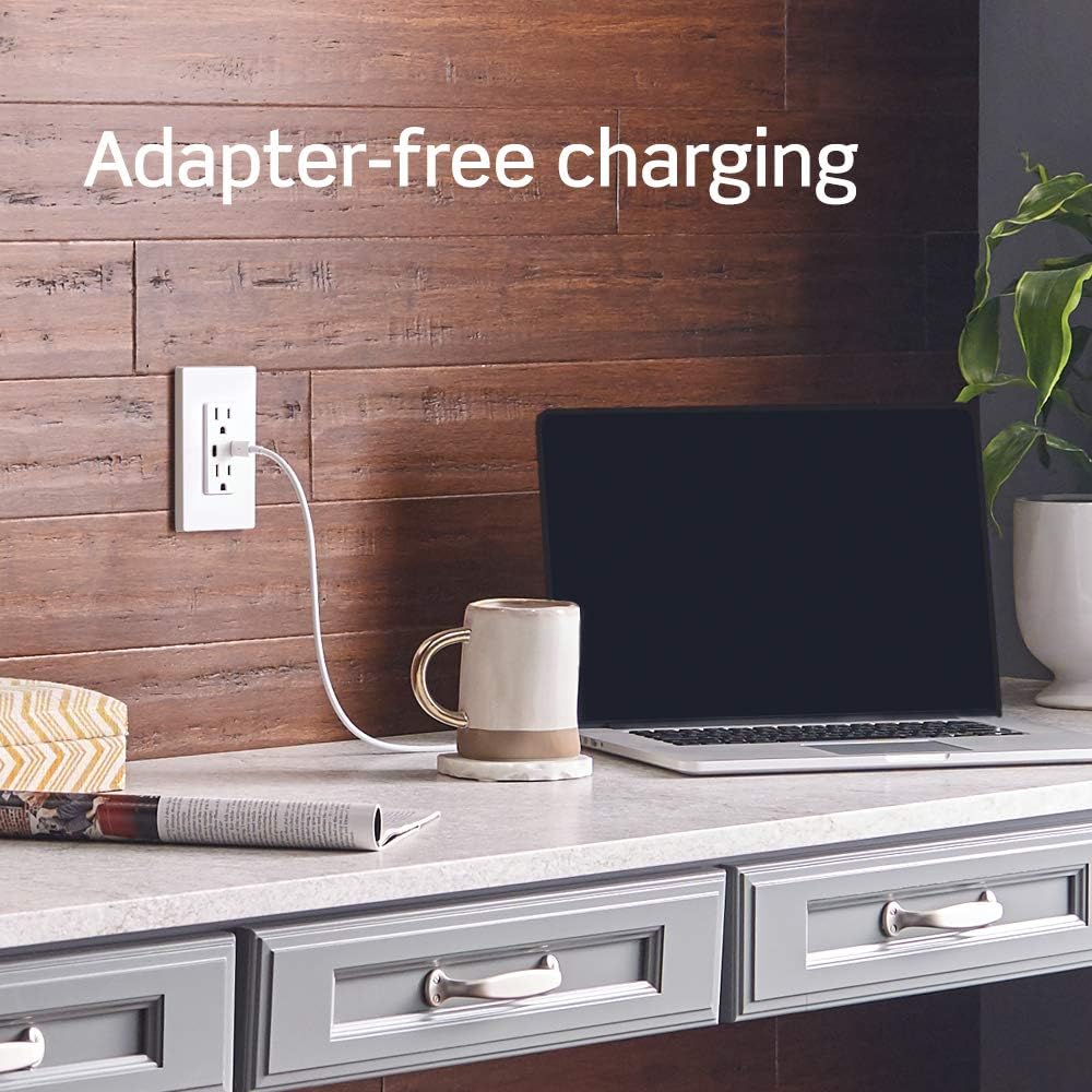 30W (6A) USB Dual Type-C/C Power Delivery Wall Outlet Charger with 20A Tamper-Resistant Outlet, White