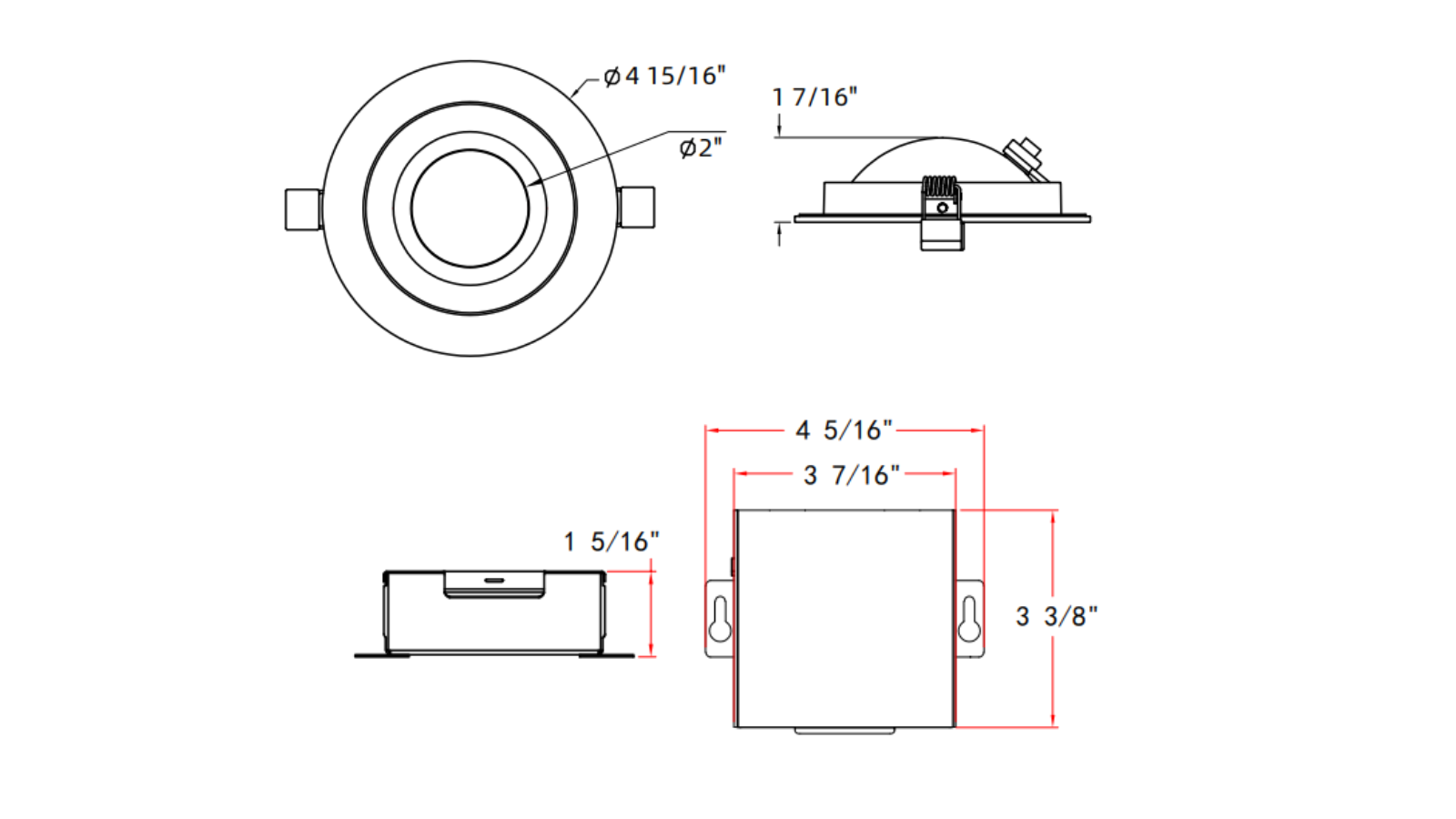 Dawnray 4" Anti-Glare LED Gimbal Recessed Fixture Round, 5CCT 2700K/3000K/3500K/4000K/5000K, Dimmable