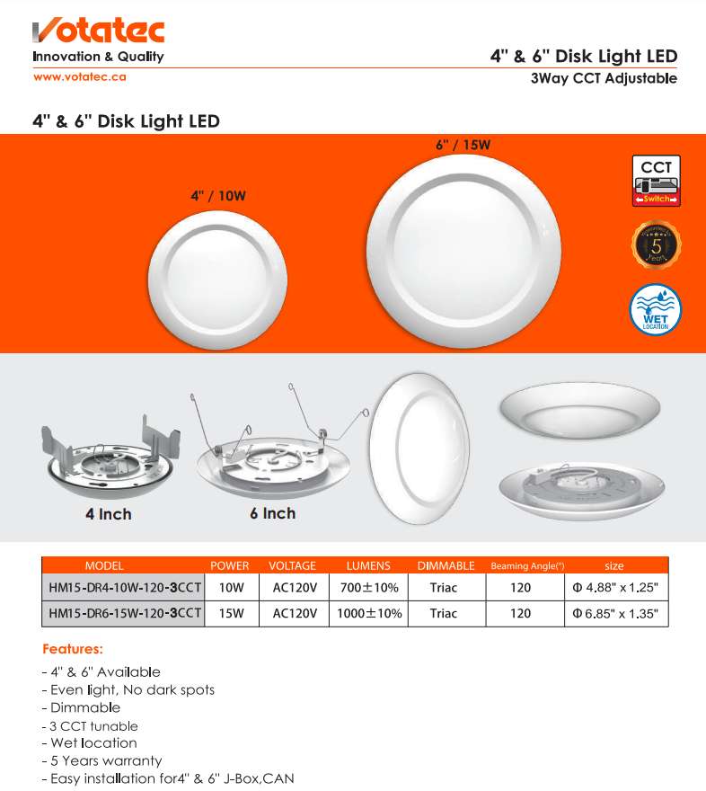 Votatec 4″ Disk Light 3Way CCT