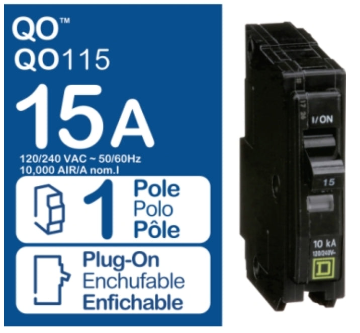SquareD, QO, 15A, 1 pole, 120/240VAC, 10kA, plug in, QO115