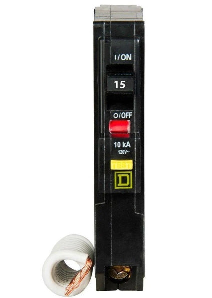 SquareD, QO, 15A, 1 pole, 120VAC, 10kA, plug in, 30mA grd fault, QO115EPD