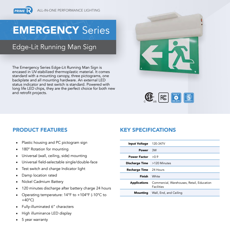 Reno Lighting LED EDGE-LIT RUNNING MAN SIGN | 90MINS BATTERY BACK UP | 120/277/347VAC | 3W | 3.6V Ni-cad |