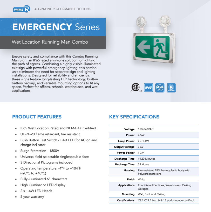 Reno Lighting WET LOCATION RUNNING MAN COMBO | IP65 | 120MINS BATTERY BACK UP | 120-347VAC | 24 HOURS RECHARGE TIME |