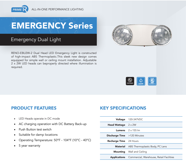 Reno Lighting Dual Head LED Emergency Light 2 x 2W