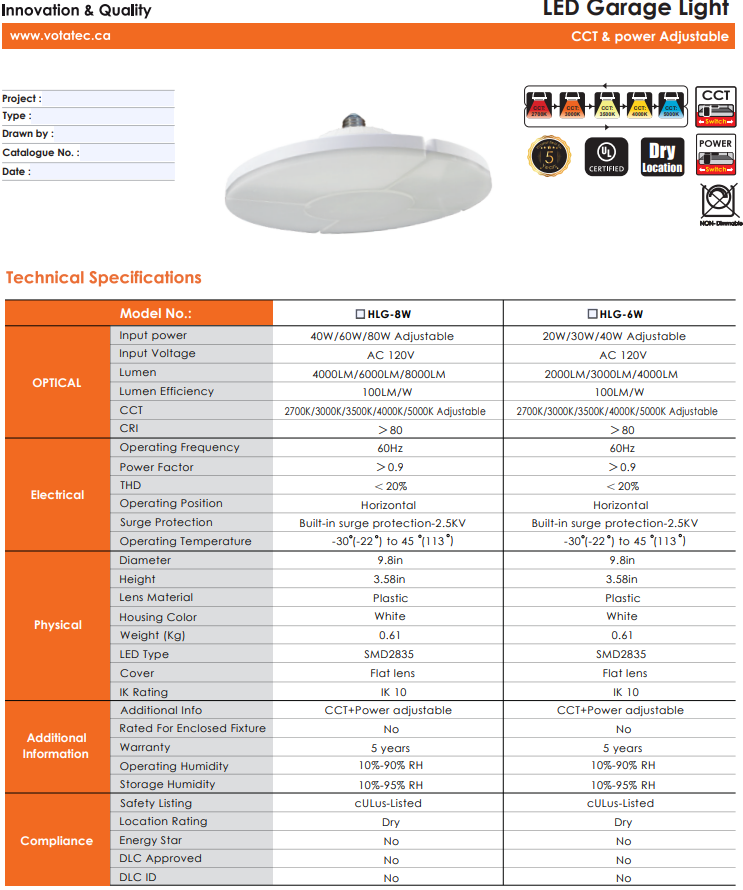 Votatec Garage Light – CCT & Power Adjustable