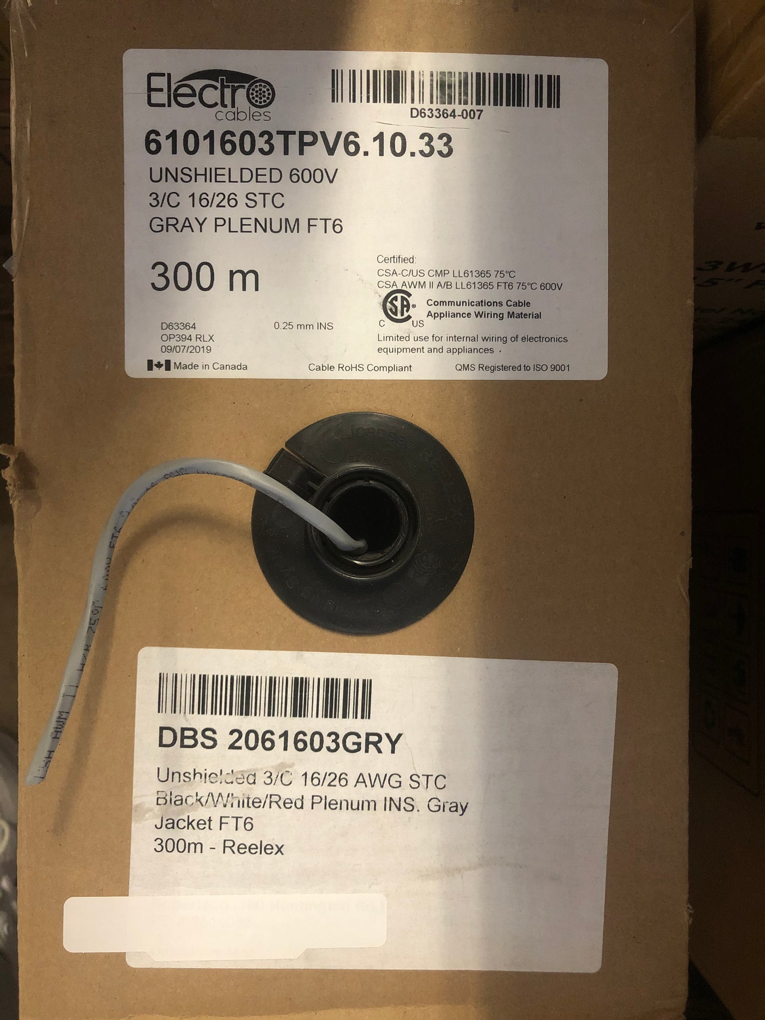 Unshieded 600V 3/C 16/26 Gray Plenum FT6(Black/White/Red) 300M/Roll (Electrical Wire Only Pick Up/ Local Delivery)