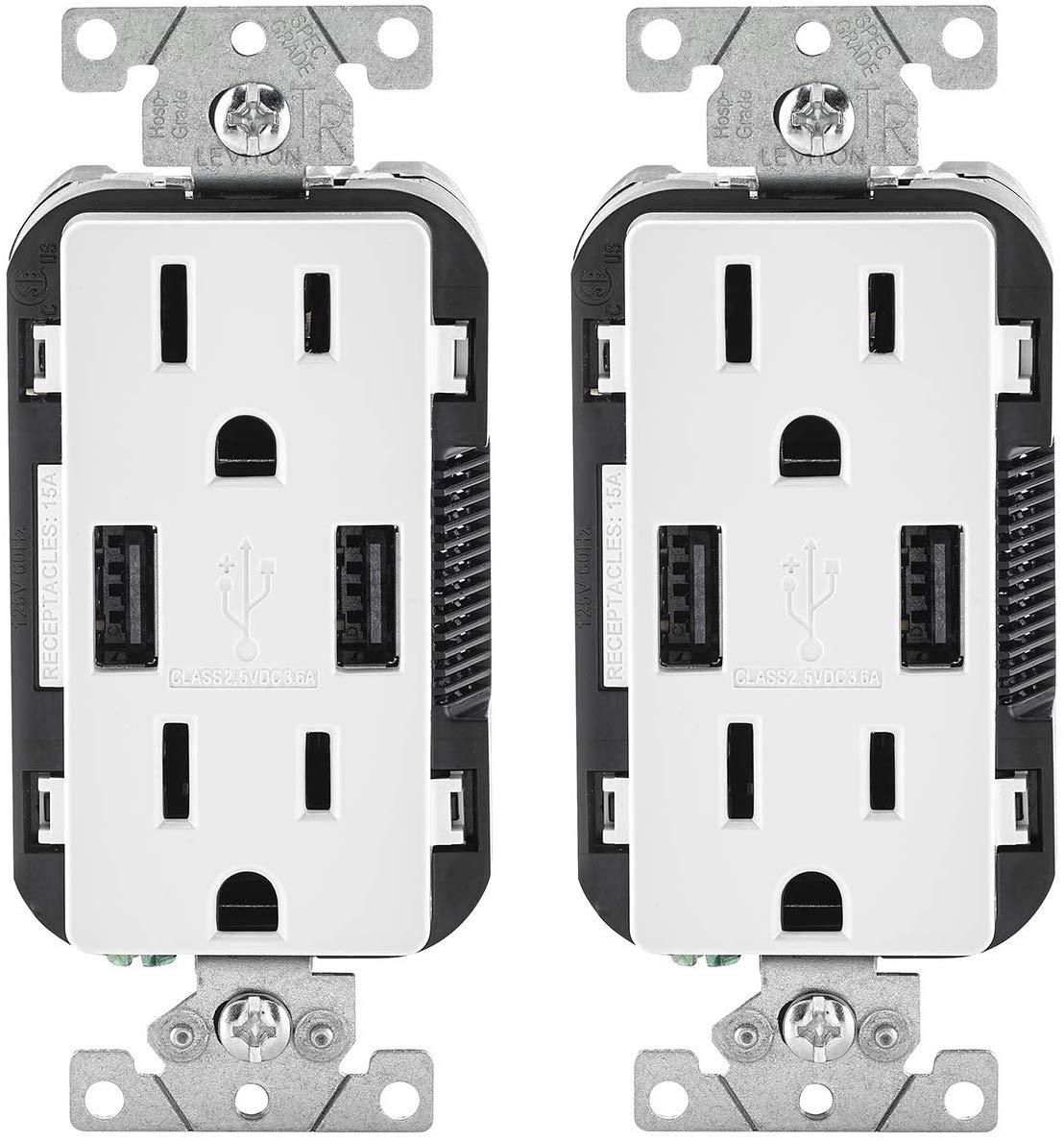 Leviton T5632-2Pk USB Charger/Tamper-Resistant Duplex Receptacle, 15-Amp, 2-Pack, White(wall plates excluded) - Consavvy