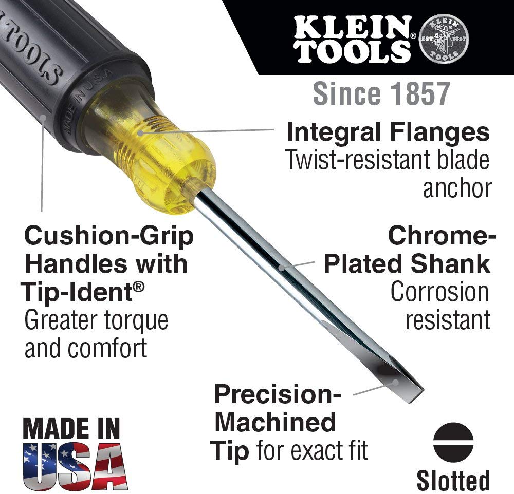 Klein Tools 601-4 3/16-Inch Cabinet-Tip Screwdriver with 4-Inch Round Shank - Consavvy