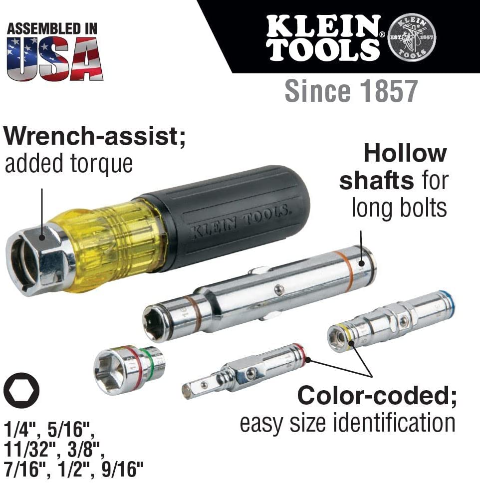 Klein Tools 32807MAG 7-in-1 Nut Driver, Magnetic Driver has SAE Hex Nut Sizes 1/4 to 9/16-Inch, Cushion Grip Handle for Added Torque