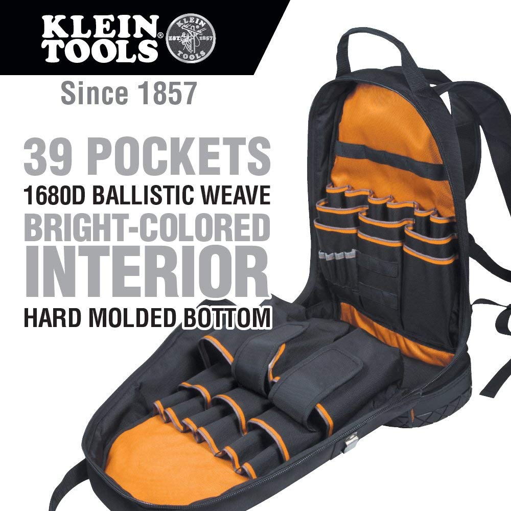 Klein Tools 55421BP-14 Backpack, Electrician Tool Bag, Tradesman Pro Organizer, 39 Pockets and Molded Base - Consavvy