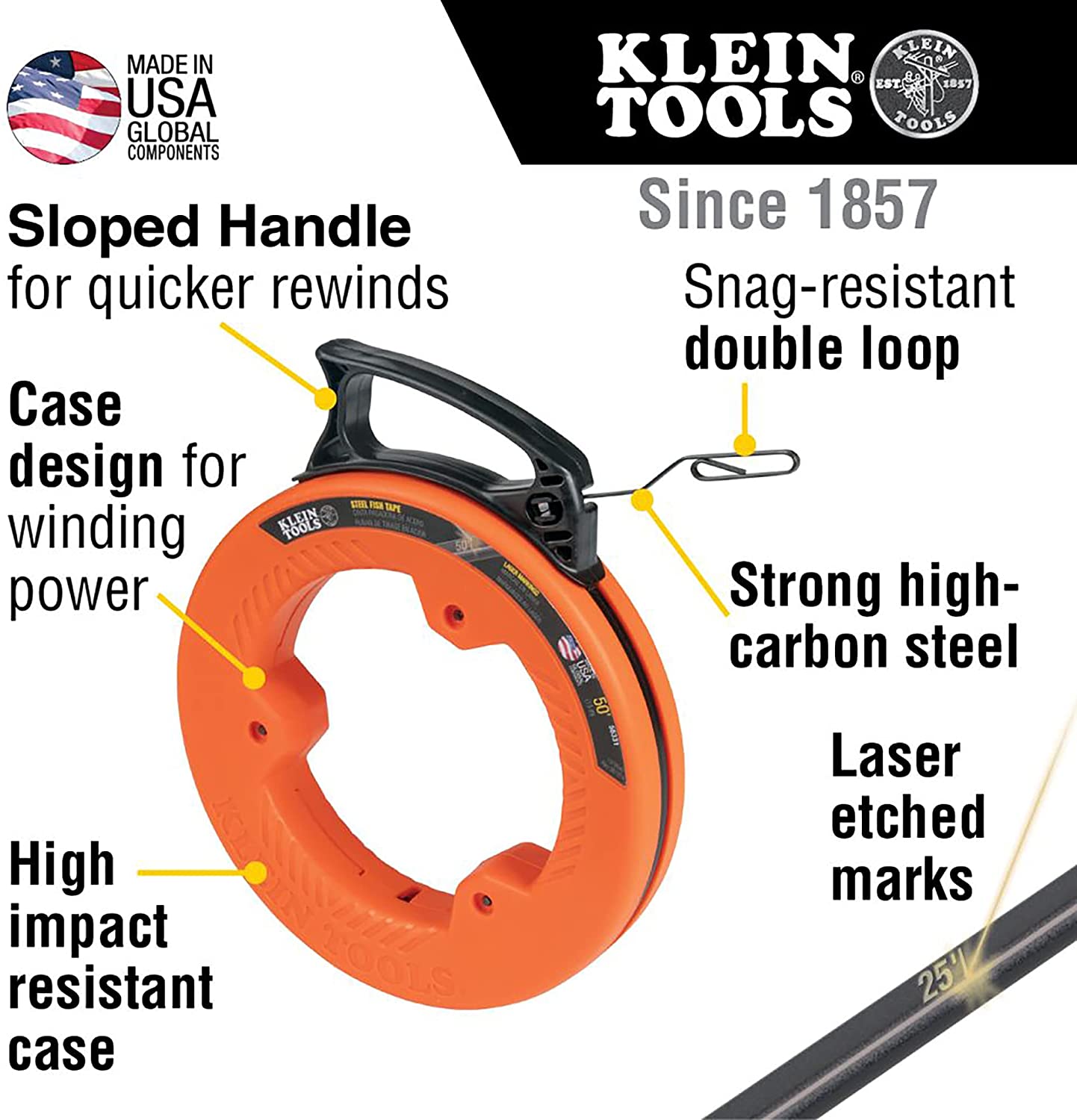 Klein Tools 56331 Fish Tape, Steel Wire Puller with Double Loop Tip, Optimized Housing and Handle, 1/8-Inch x 50-Foot