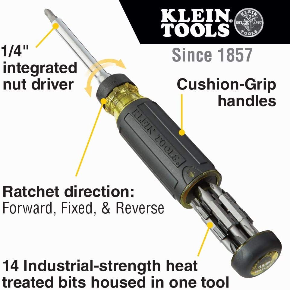 Klein Tools 32305 Multi-bit Ratcheting Screwdriver, 15-in-1 Tool with Phillips, Slotted, Square, Torx and Combo Bits and 1/4-Inch Nut Driver