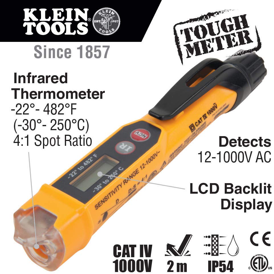 Klein Tools NCVT-4IR Non-Contact Voltage Tester with Infrared Thermometer Tests AC Voltage and IR Temperature - Consavvy