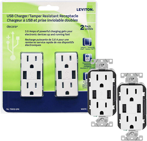 Leviton T5632-2Pk USB Charger/Tamper-Resistant Duplex Receptacle, 15-Amp, 2-Pack, White(wall plates excluded) - Consavvy