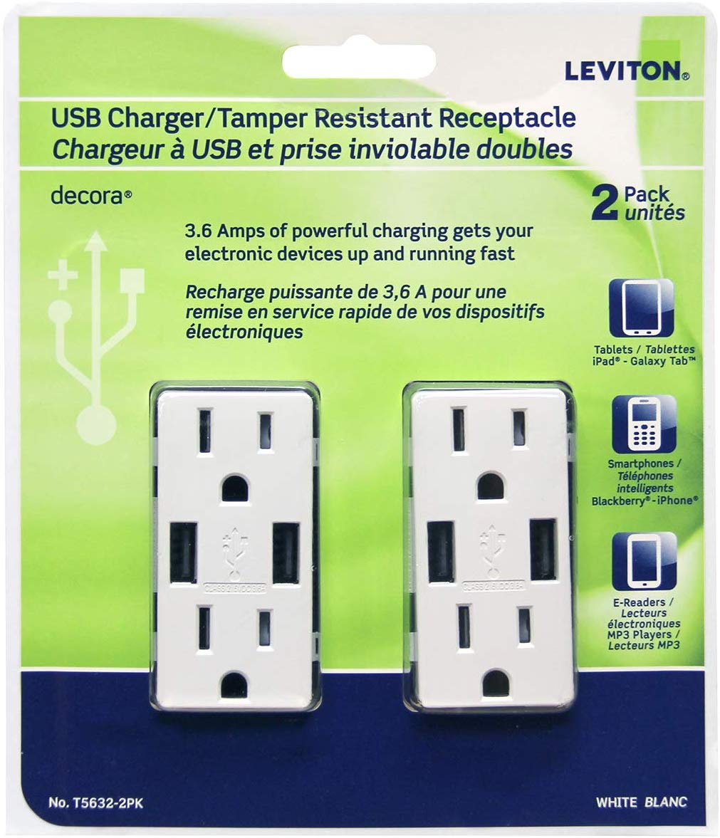 Leviton T5632-2Pk USB Charger/Tamper-Resistant Duplex Receptacle, 15-Amp, 2-Pack, White(wall plates excluded) - Consavvy