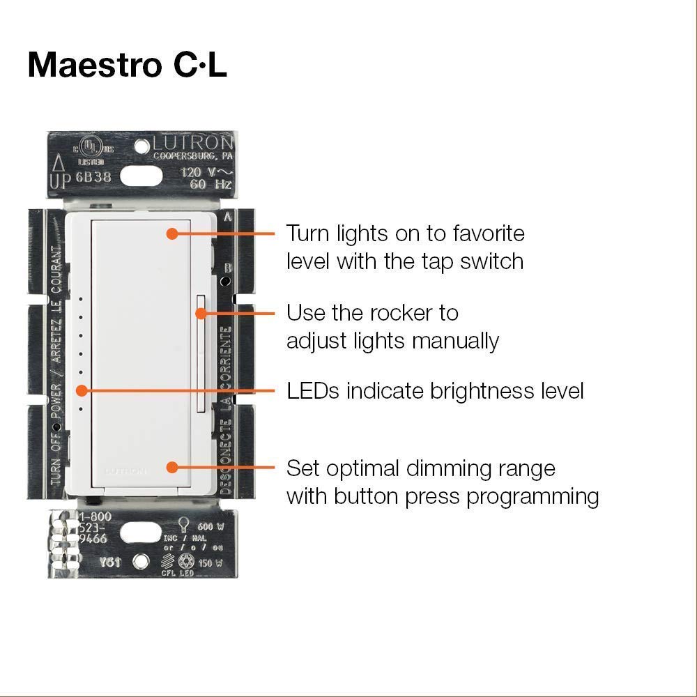 Lutron MACL-153M-WH-C Maestro C.L Dimmer Switch for Dimmable LED, Halogen & Incandescent Bulbs, Single-Pole or Multi-Location,White - Consavvy