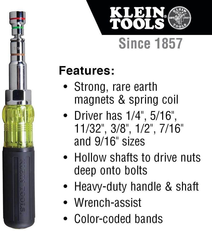 Klein Tools 32807MAG 7-in-1 Nut Driver, Magnetic Driver has SAE Hex Nut Sizes 1/4 to 9/16-Inch, Cushion Grip Handle for Added Torque