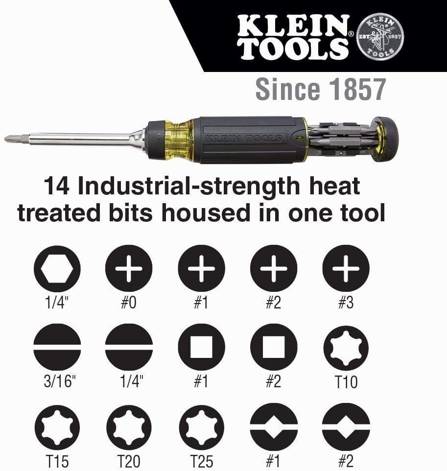 Klein Tools 32305 Multi-bit Ratcheting Screwdriver, 15-in-1 Tool with Phillips, Slotted, Square, Torx and Combo Bits and 1/4-Inch Nut Driver