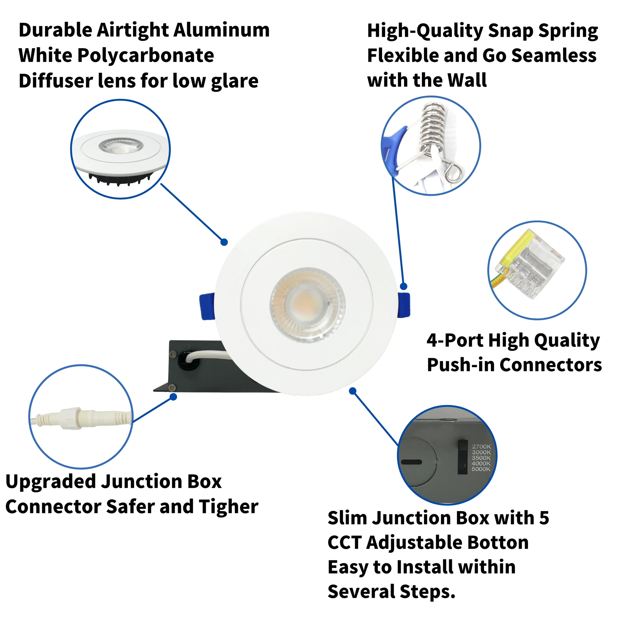 DawnRay 4" LED Potlight 2700K/3000K/3500K/4000K/5000K(5CCT changeable) Non-Twistable Traditional Gimble Looking With 38° Beam Angle, White 9W 700Lm