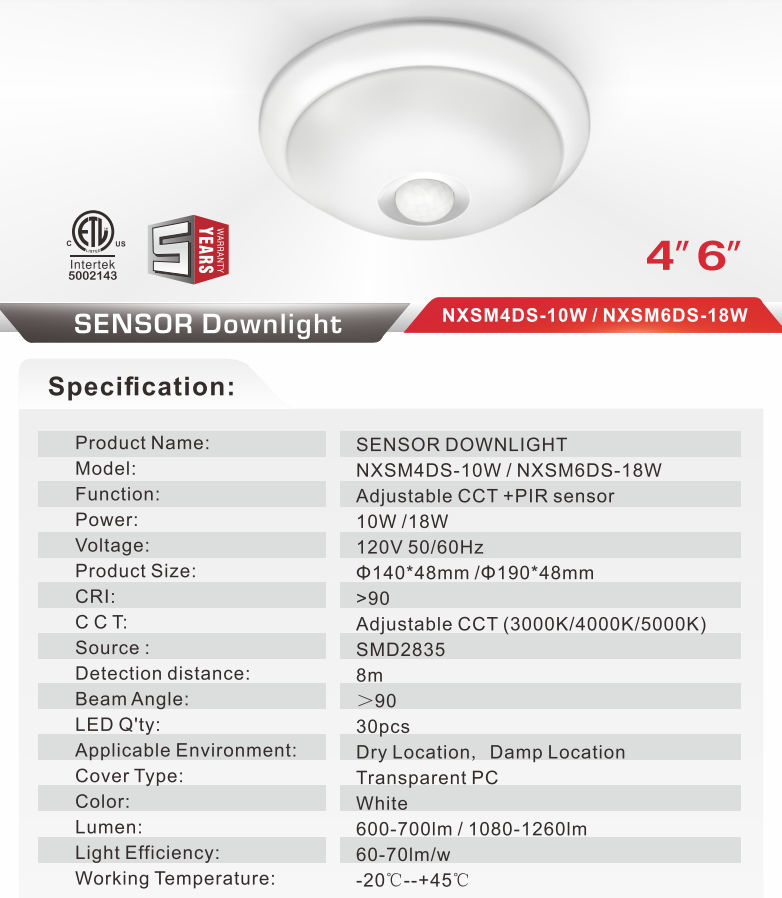 NEXLEDS 6Inch Sensor Downlight Disk Light 3CCT(3000K/4000K/5000K Switchable)