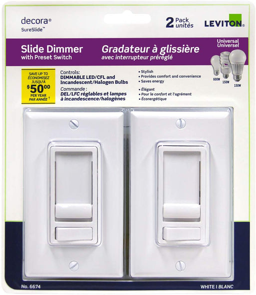 Leviton 6674-2PK SureSlide Universal Slide Dimmer With Preset Switch(2 Pack) Single Pole and 3-Way White (Wall Plate Include)