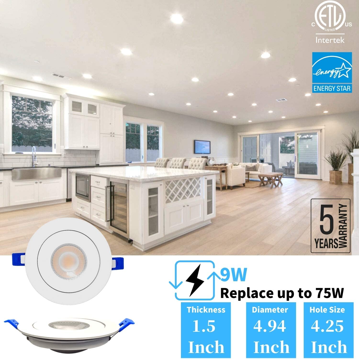 DawnRay 4" LED Round Gimbal Panel(Potlight) 2700K/3000K/3500K/4000K/5000K(changeable), White/Black/Brushed Nickel, 9W, 700LM