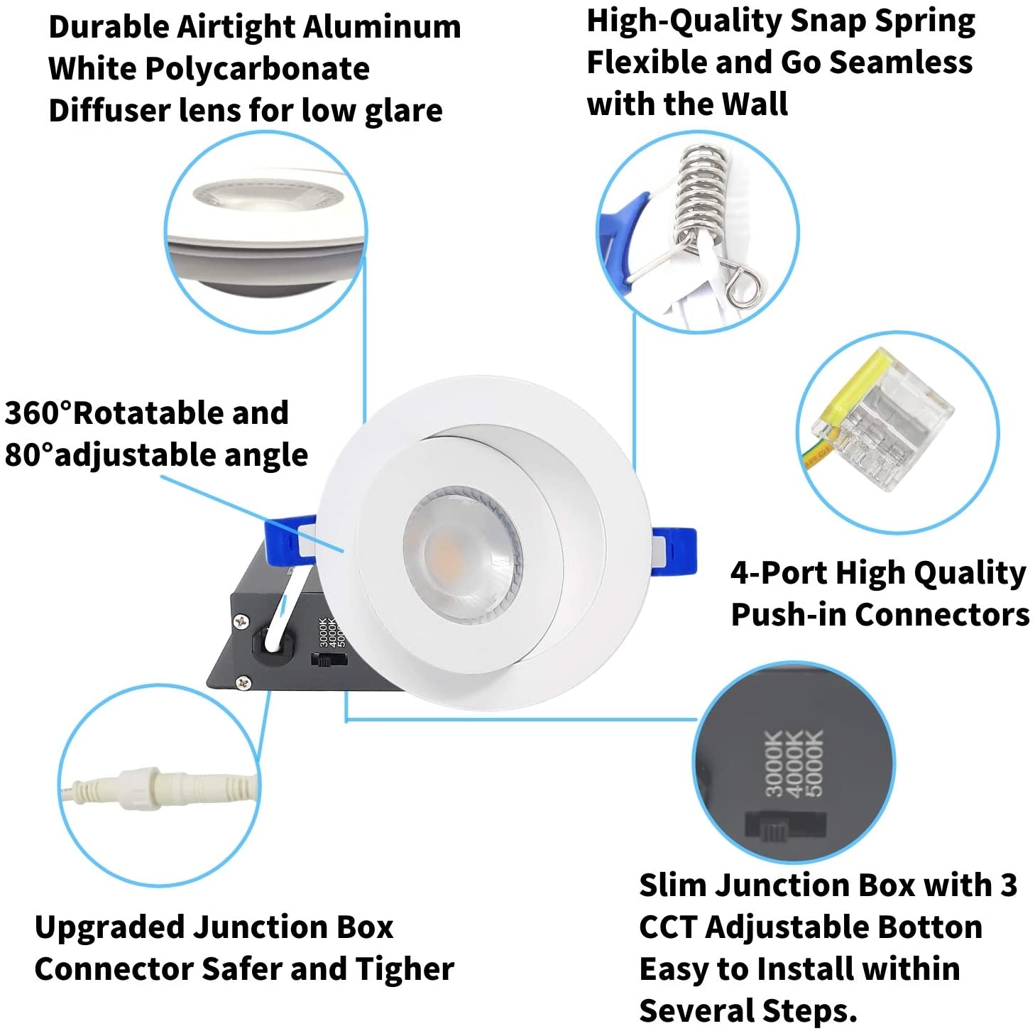 DawnRay 4" LED Round Gimbal Panel(Potlight) 2700K/3000K/3500K/4000K/5000K(changeable), White/Black/Brushed Nickel, 9W, 700LM