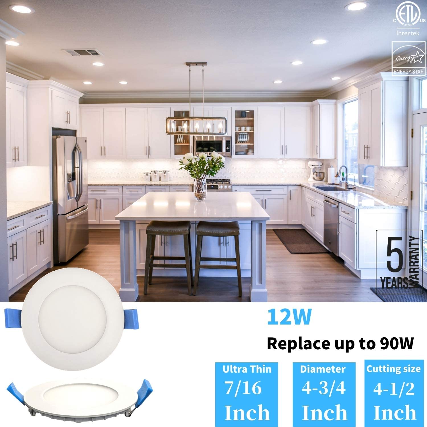 DawnRay 4" LED Round Slim Panel(Potlight) 2700K/3000K/3500K/4000K/5000K(changeable), White/Black/Brushed Nickel, 90+CRI, 12W, 1100LM