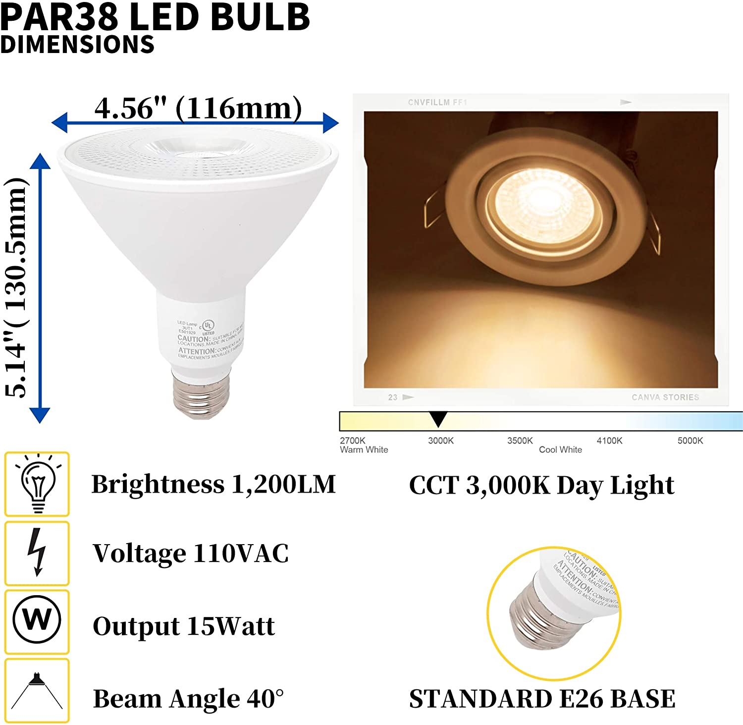 DawnRay LED PAR38, 16.5W, 1200 Lumens, 3000K/5000K, Warm White/Cool White ,Dimmable ,3 Years Warranty