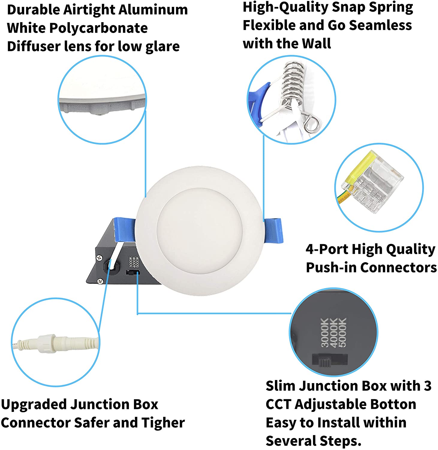 DawnRay 4" LED Round Slim Panel(Potlight) 2700K/3000K/3500K/4000K/5000K(changeable), White/Black/Brushed Nickel, 90+CRI, 12W, 1100LM