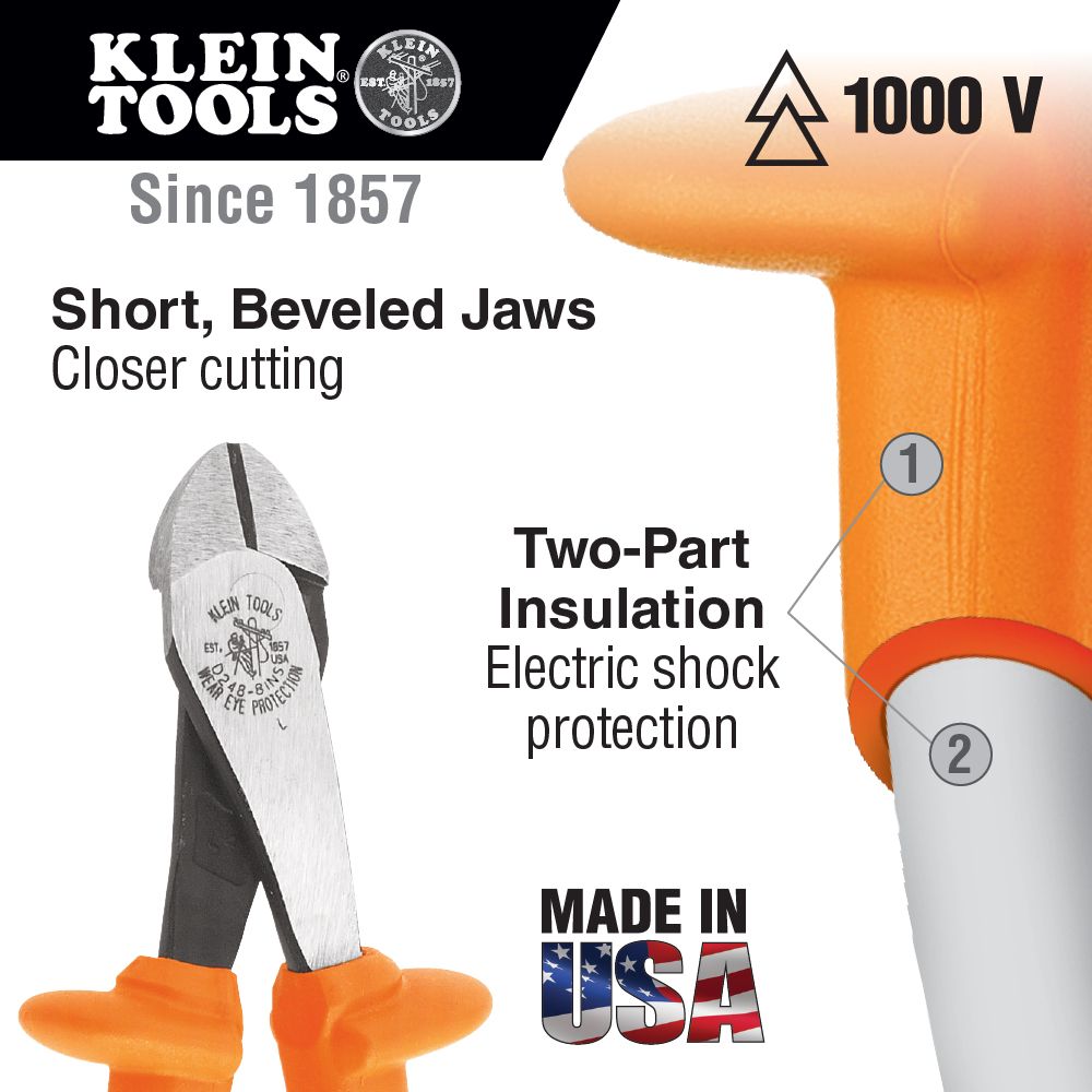Klein Tools D2000-48-INS Diagonal Cutting Pliers, Insulated, Heavy-Duty, Angled Head, 8-Inch