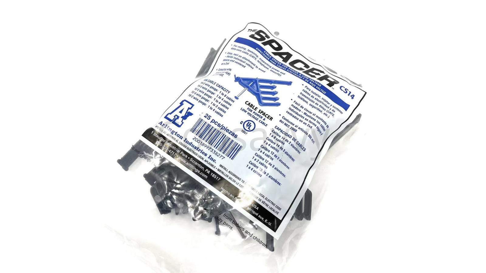 Arlington Industries CS14-25 Nail-On Cable Spacer, Holds up to Eight 14/2 Cables on Stud, Non-Metallic, 25-Pack