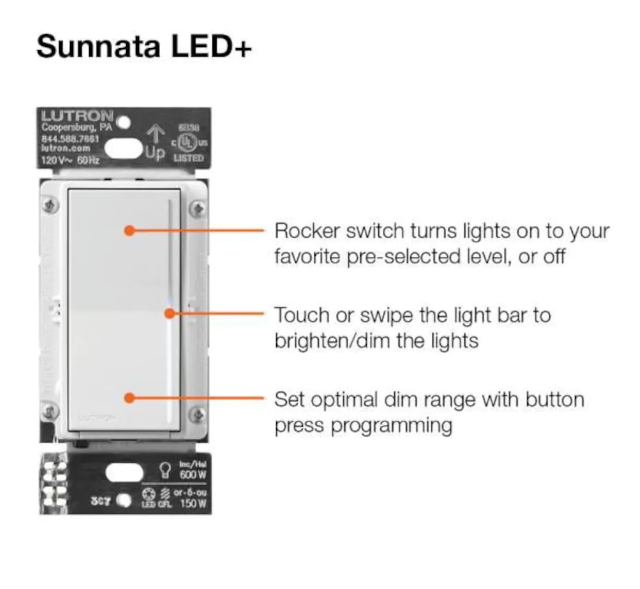 Lutron Sunnata Touch Dimmer with LED+ Technology for Superior Dimming of LEDs in White Finish