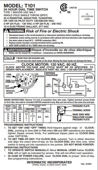 Intermatic T101  24-Hour Mechanical Time Switch, 120 VAC, 60Hz, SPST, Indoor Metal Enclosure, 1 Hour Interval
