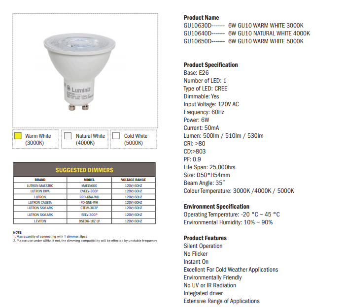Luminiz Quadcore S Led GU10 Blub 6W 500Lm 3000K/4000K/5000K Dimmable