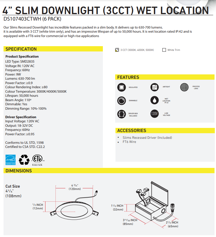 Luminiz 4 inch Potlight 3CCT Switchable(3000K/4000K/5000K) Wet Location White Trim