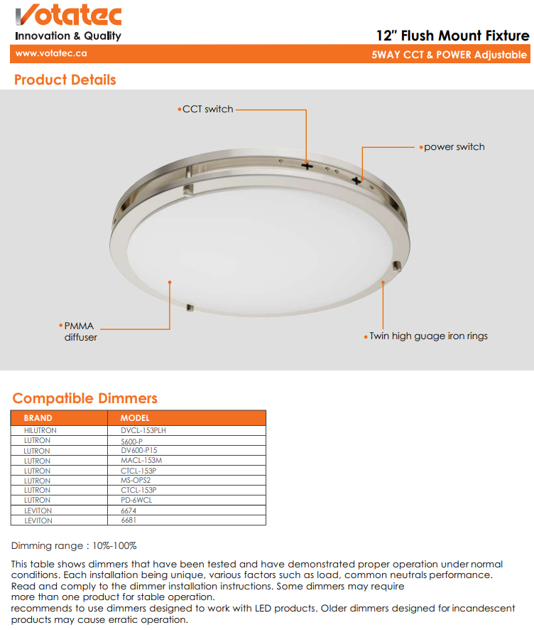 Votatec 12″ 2Ring Slim Flush Mount – 5Way CCT & Power Adjustable Silver/Black