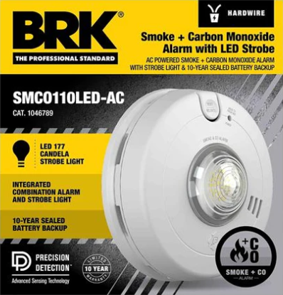 BRK SMCO110LED-AC Smoke and Carbon Monoxide Alarm with LED Strobe Hardwired 10-Year Battery Backup