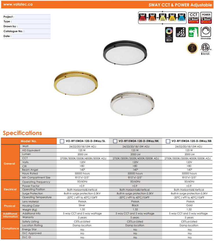 Votatec 15″ 2Ring Slim Flush Mount – 5Way CCT & Power Adjustable Silver/Black