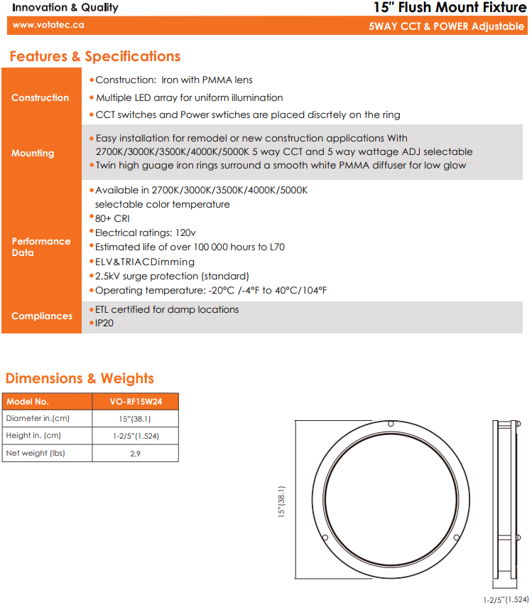 Votatec 15″ 2Ring Slim Flush Mount – 5Way CCT & Power Adjustable Silver/Black