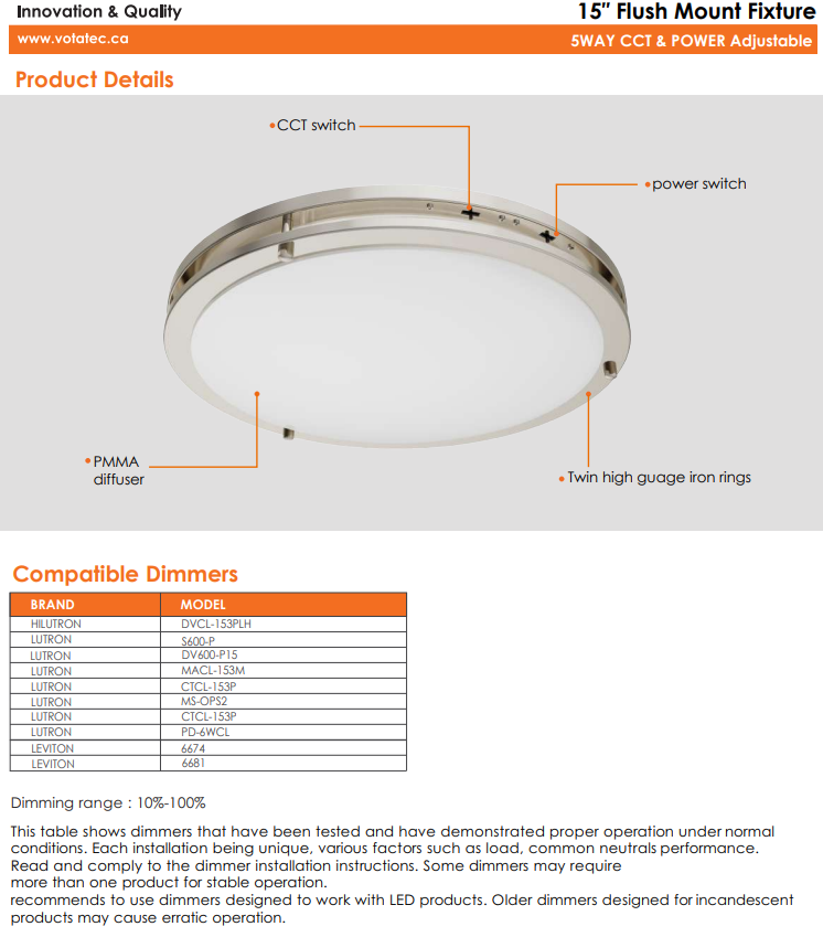 Votatec 15″ 2Ring Slim Flush Mount – 5Way CCT & Power Adjustable Silver/Black