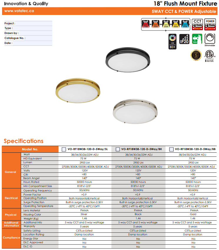 Votatec 18″ 2Ring Slim Flush Mount – 5Way CCT & Power Adjustable Silver/Black