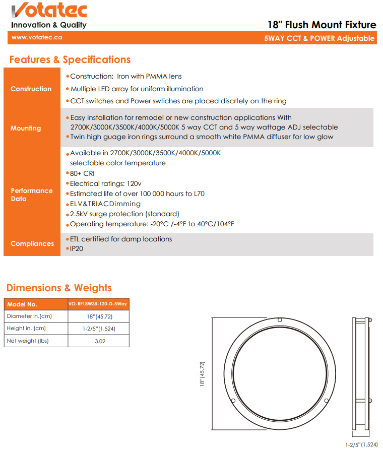 Votatec 18″ 2Ring Slim Flush Mount – 5Way CCT & Power Adjustable Silver/Black