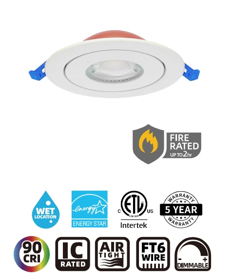 Dawnray Fire rated 4" Gimbal potlight, up to 2 hours fire rating. 5CCT, 850Lm
